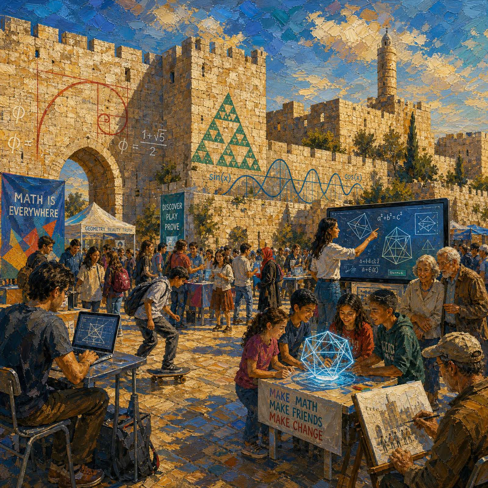 ציור שמן צבעוני: הרחבה שליד מגדל דוד הומה לומדים, לוחות משוואות וכרזת Math is Everywhere