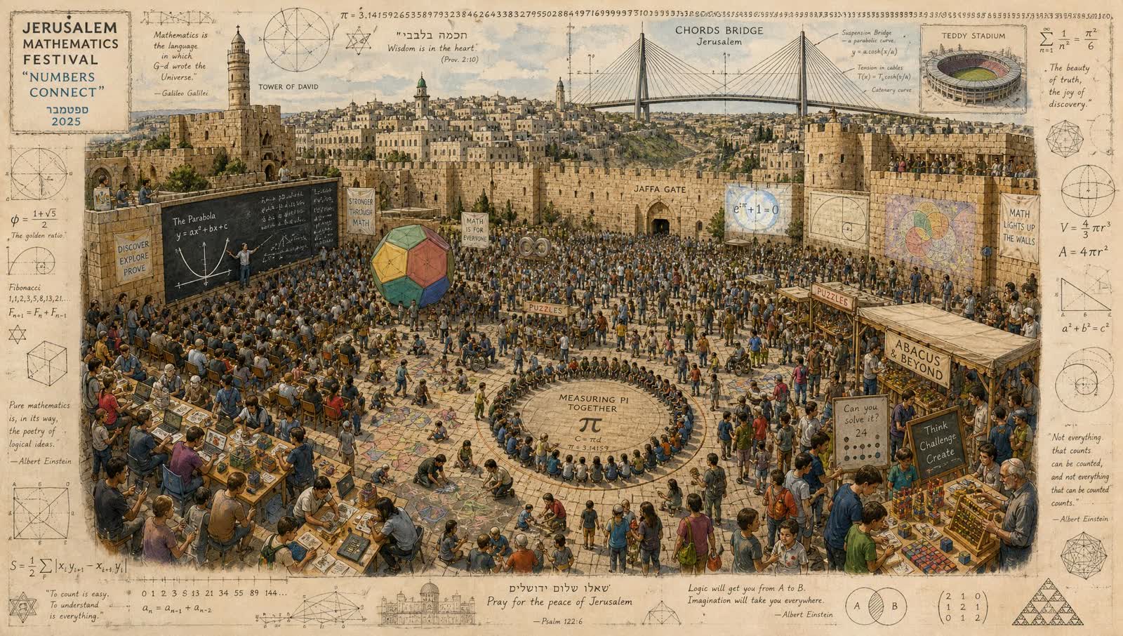 איור אמנותי: פסטיבל מתמטיקה צבעוני ברחבת שער יפו בירושלים — קהל לומדים סביב דודקהדרון ענק