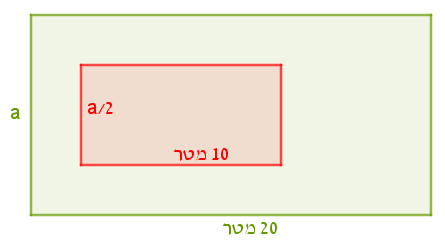 מלבן ירוק (חלקה) 20 מטר על a, ובתוכו מלבן אדום (בית) 10 מטר על a/2