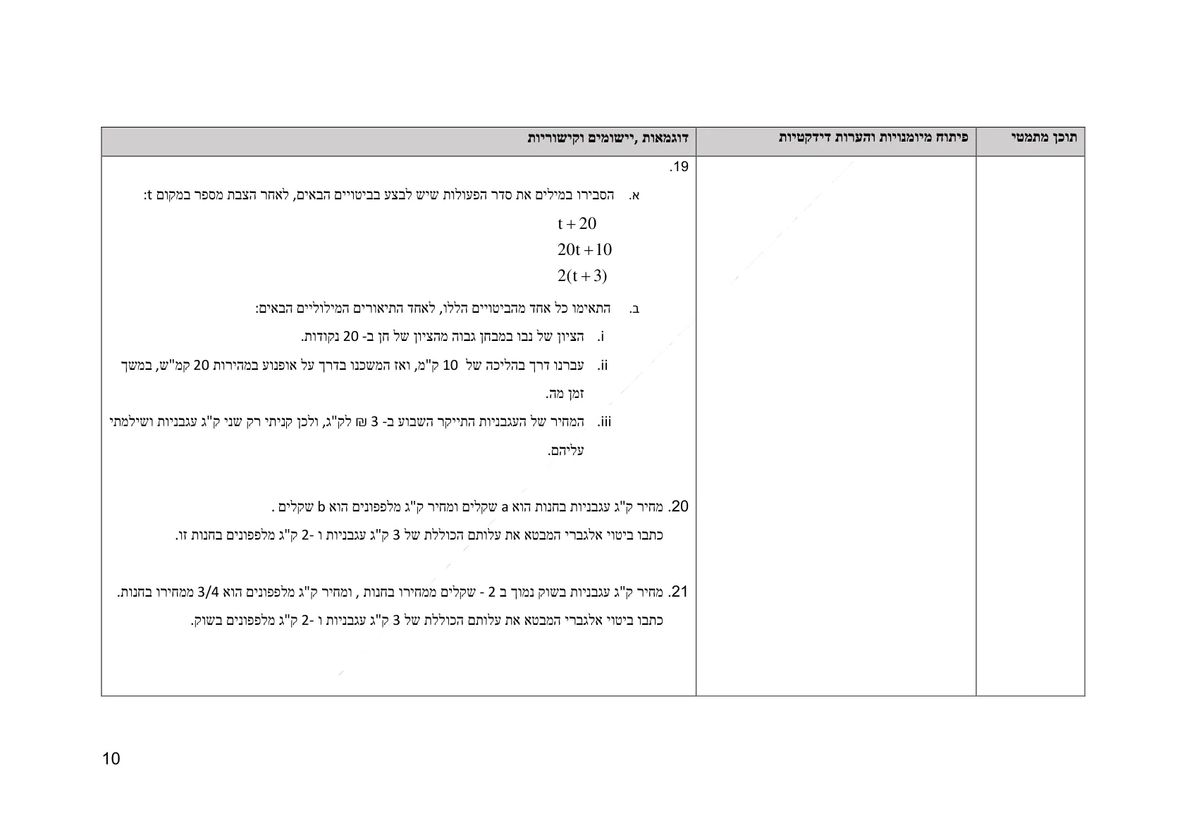 עמוד 10 מתוך המסמך הרשמי — אלגברה לכיתה ז