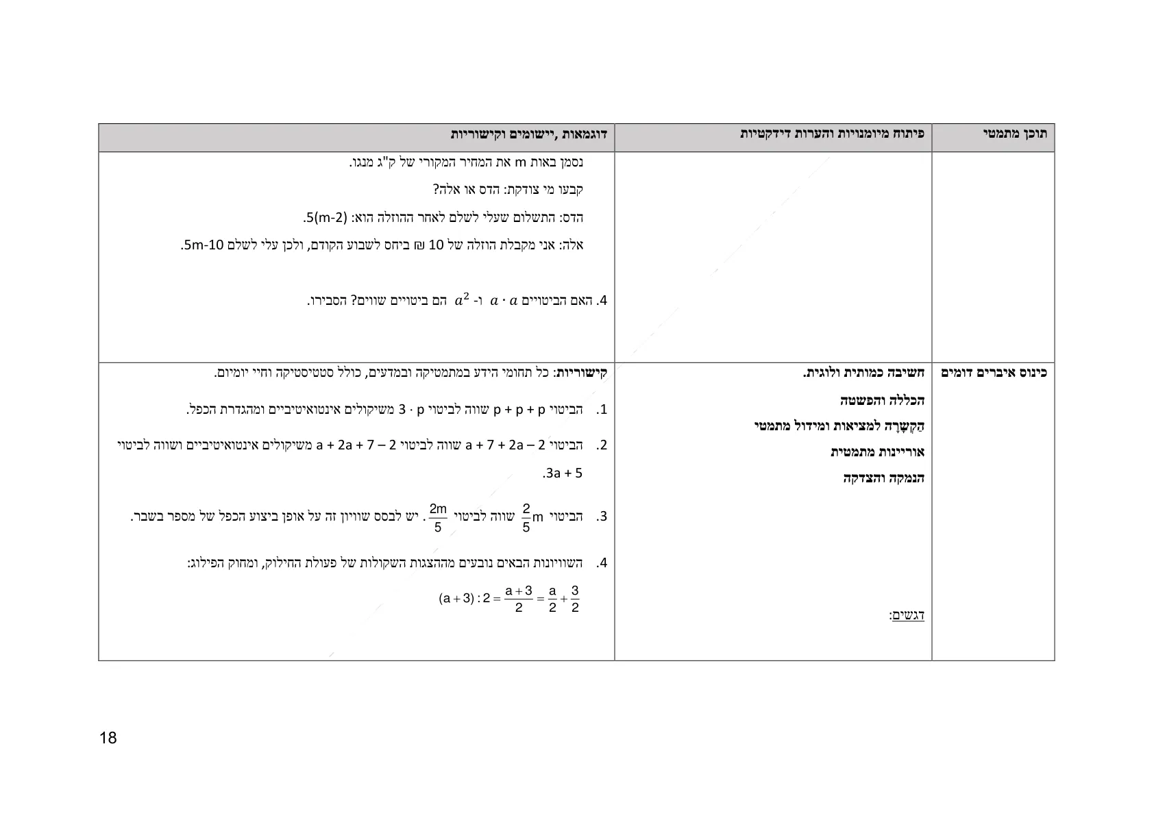 עמוד 18 מתוך המסמך הרשמי — אלגברה לכיתה ז