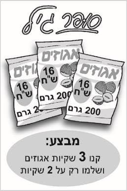 פרסומת של אגוזים ב"סופר גיל": שקיות אגוזים ב-16 ש"ח ל-200 גרם, ומבצע: "קנו 3 שקיות אגוזים ושלמו רק על 2 שקיות" (שאלה 4)