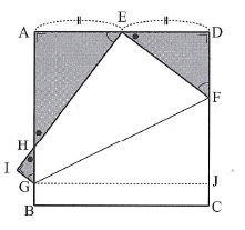 ריבוע ABCD (עם הנקודות E, F, H, I, G, J) שבו סומן אמצע E של הצלע העליונה ומקופל קדקוד אל נקודת האמצע, ושלושה משולשים מוצללים באפור