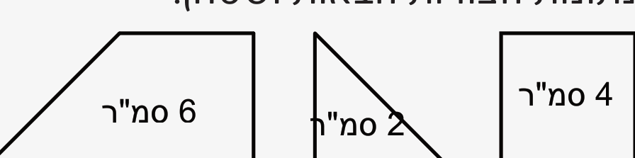 שלוש צורות ושטחיהן: משולש 6 סמ"ר, משולש 2 סמ"ר וריבוע 4 סמ"ר