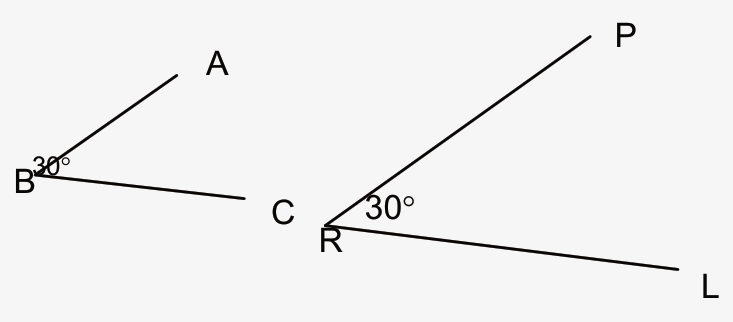 זווית ABC (עם סימון 30°) וזווית PRL (עם סימון 30°)