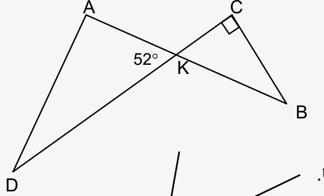 שני משולשים הנחתכים בנקודה K, עם זווית 52° וזווית ישרה ב-C