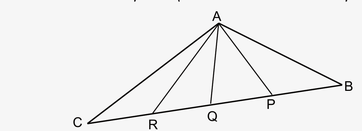 משולש ABC עם שלושה תיכונים מהקודקוד A לנקודות R, Q, P על הבסיס CB