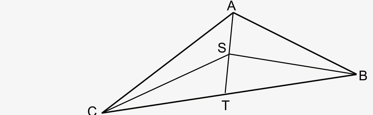 משולש ABC עם התיכון AT, הנקודה S באמצעו וקווים מ-S אל B ואל C