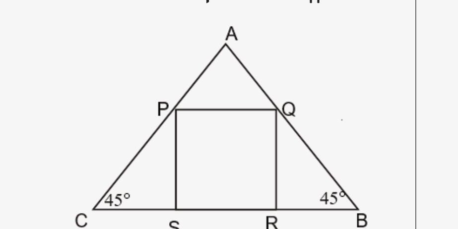 משולש ABC עם ריבוע חסום PQRS ובסיס עם זוויות 45°