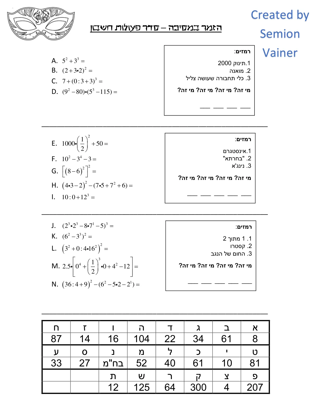 עמוד 1 מתוך 2 — הזמר במסיכה - סדר פעולות חשבון