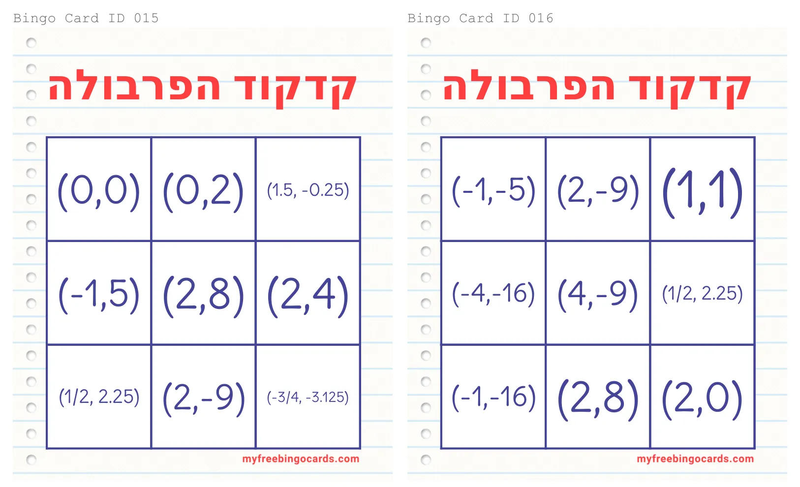 עמוד 11 מתוך 18 — בינגו קודקוד הפרבולה לוחות, גלגל הגרלה — לוחות