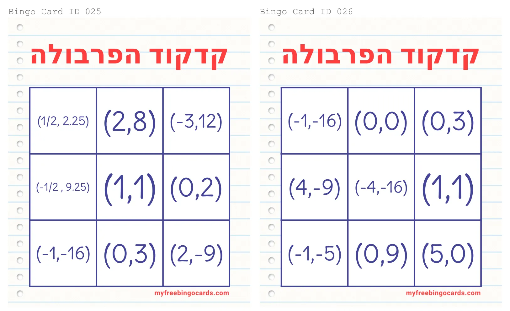 עמוד 16 מתוך 18 — בינגו קודקוד הפרבולה לוחות, גלגל הגרלה — לוחות