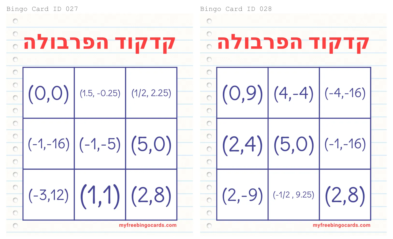 עמוד 17 מתוך 18 — בינגו קודקוד הפרבולה לוחות, גלגל הגרלה — לוחות