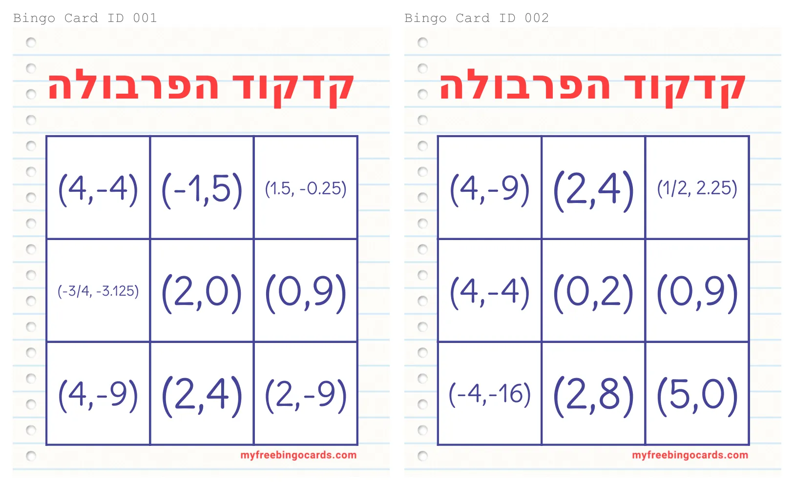 עמוד 4 מתוך 18 — בינגו קודקוד הפרבולה לוחות, גלגל הגרלה — לוחות