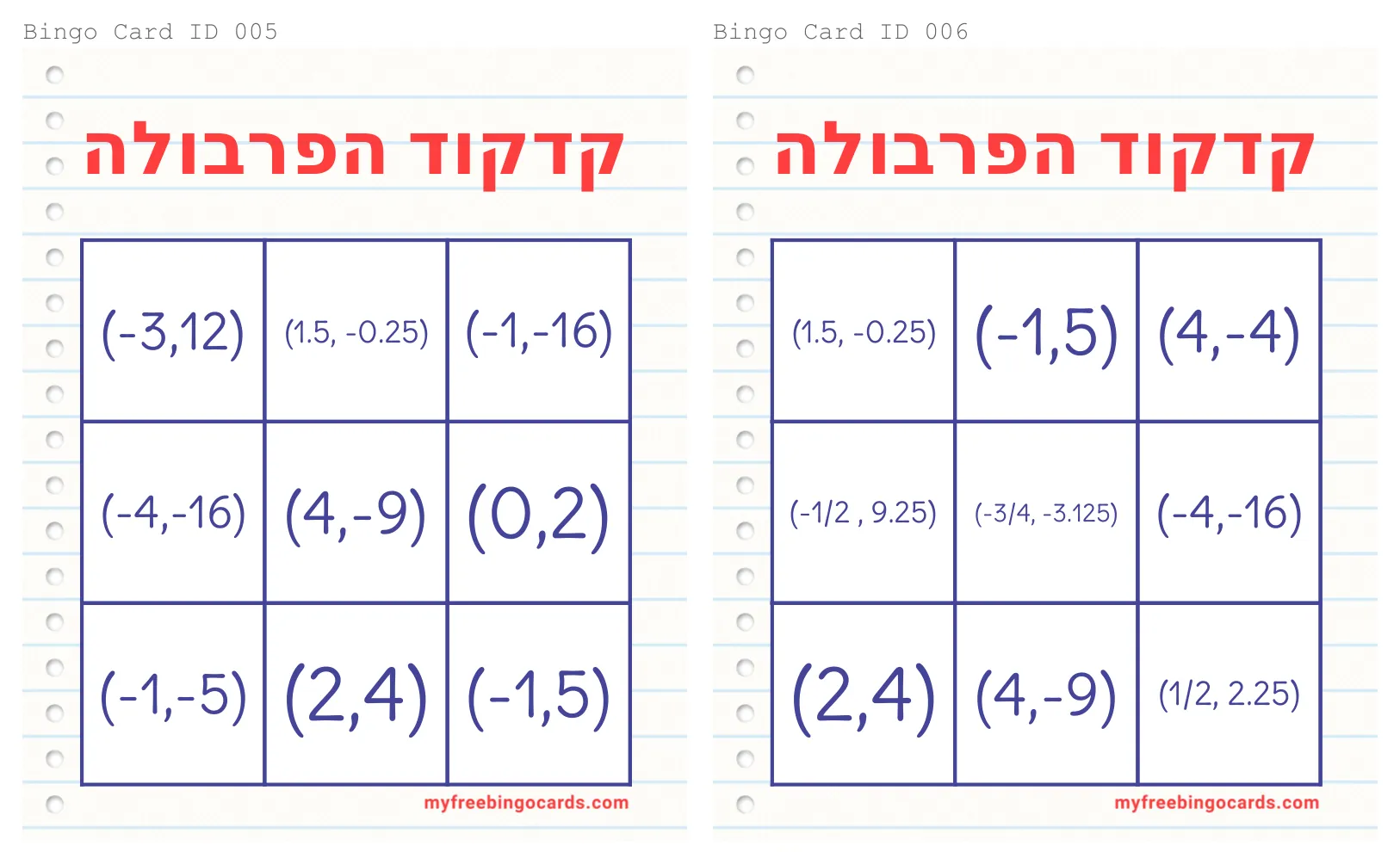 עמוד 6 מתוך 18 — בינגו קודקוד הפרבולה לוחות, גלגל הגרלה — לוחות