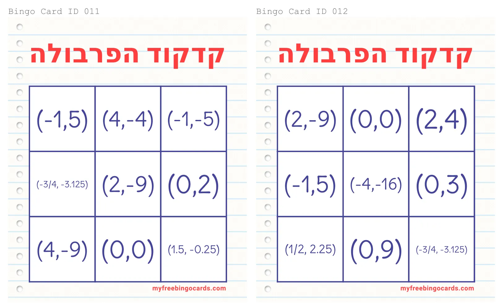 עמוד 9 מתוך 18 — בינגו קודקוד הפרבולה לוחות, גלגל הגרלה — לוחות