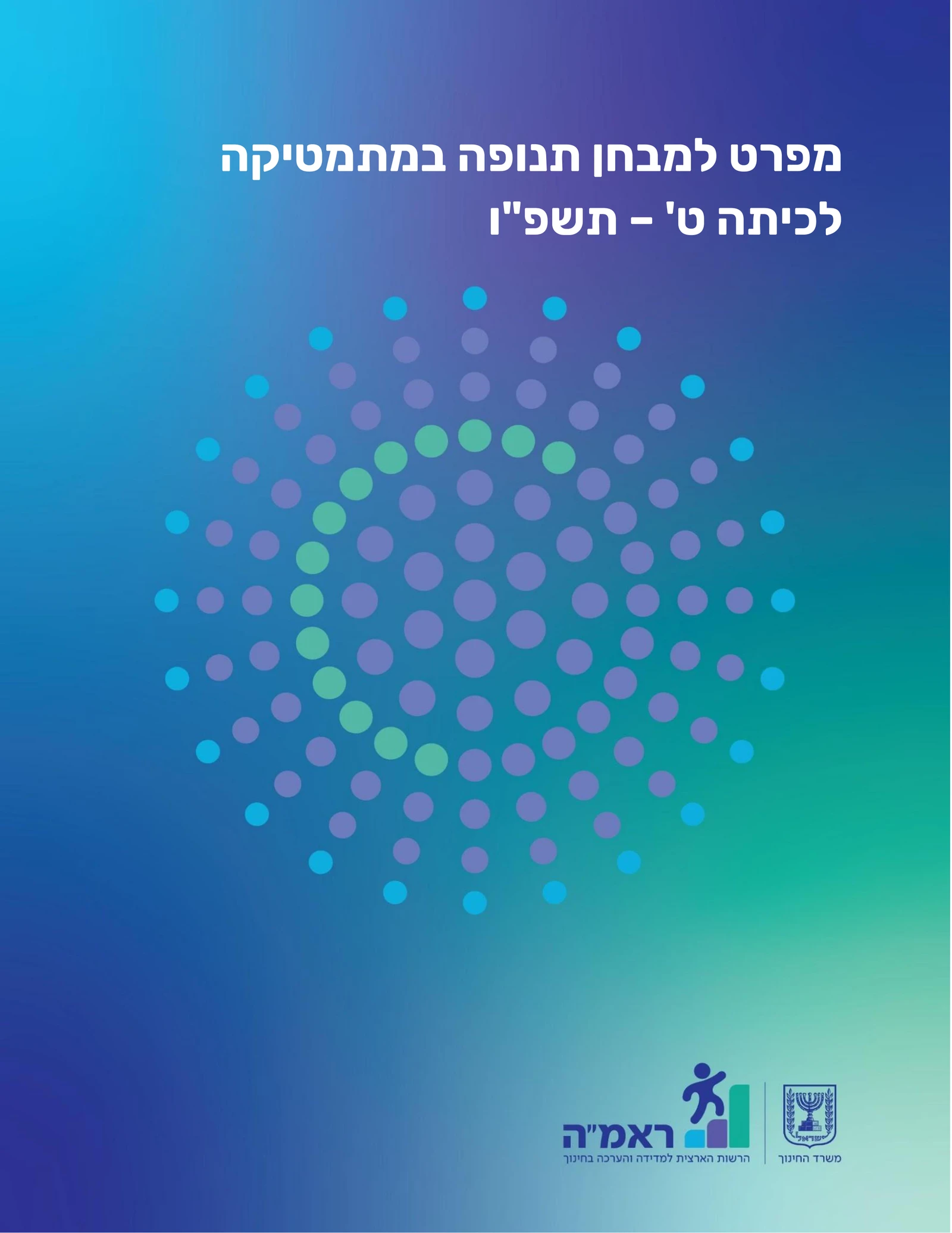 עמוד השער של מפרט המבחן: כותרת "מפרט למבחן תנופה במתמטיקה לכיתה ט' – תשפ"ו" על רקע מדורג כחול-ירוק, ובמרכזו איור זר נקודות קורן, עם סמלי ראמ"ה ומשרד החינוך.